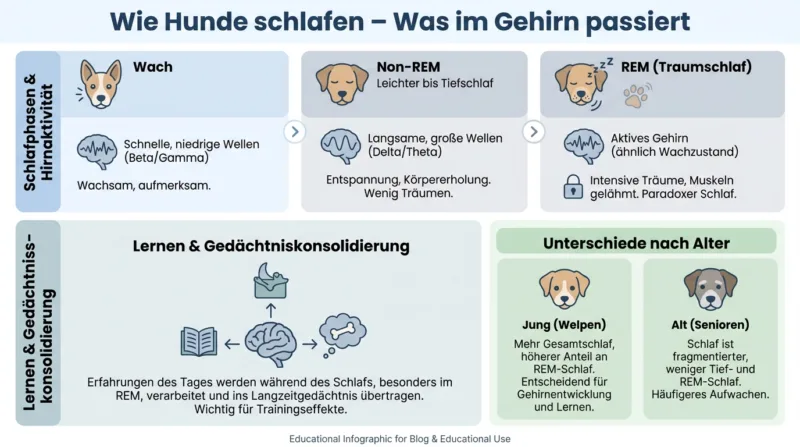 Infografik zum Schlafverhalten von Hunden mit Wach-, Non-REM- und REM-Schlaf sowie Lern- und Gedächtnisprozessen