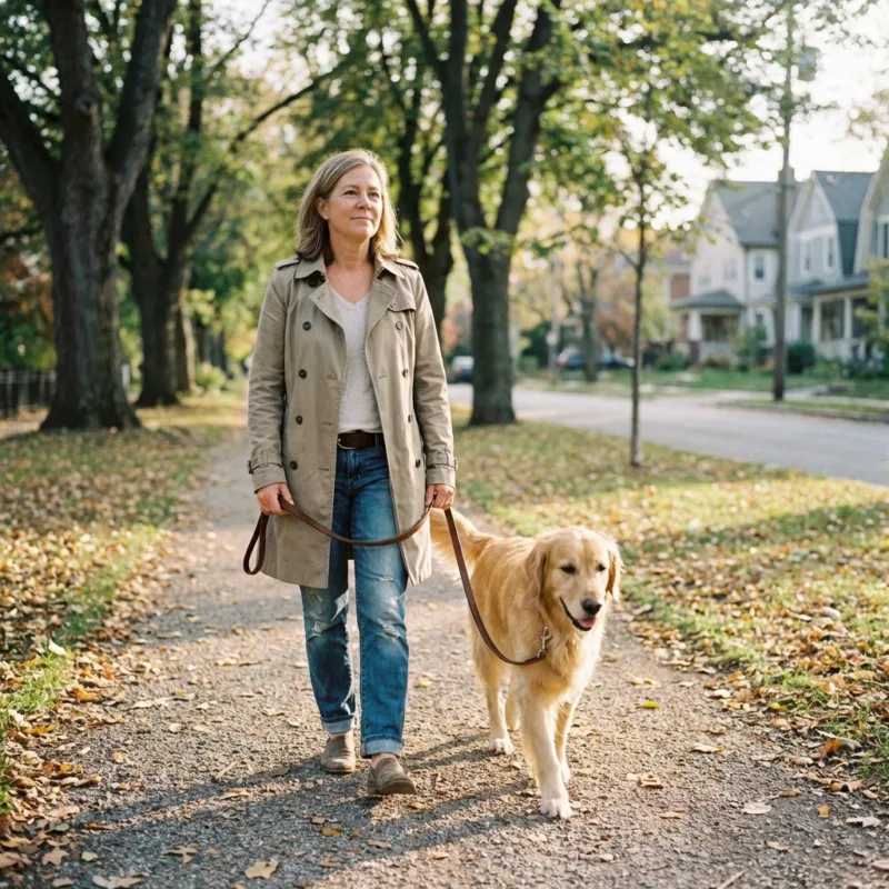 Mensch spaziert mit Hund im Park – Bewegung und Gesundheit