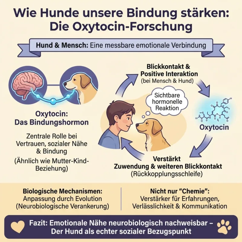Blickkontakt und positive Interaktion zwischen Hund und Mensch stehen laut Forschung mit Oxytocin-Ausschüttung in Verbindung.