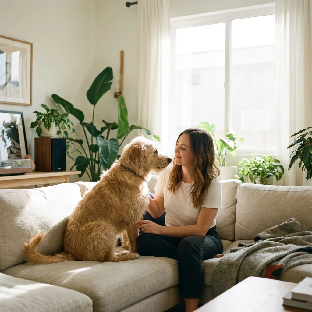 Ruhiger Hund neben seiner Bezugsperson – Zusammenhang zwischen Hund, Stress und Cortisol