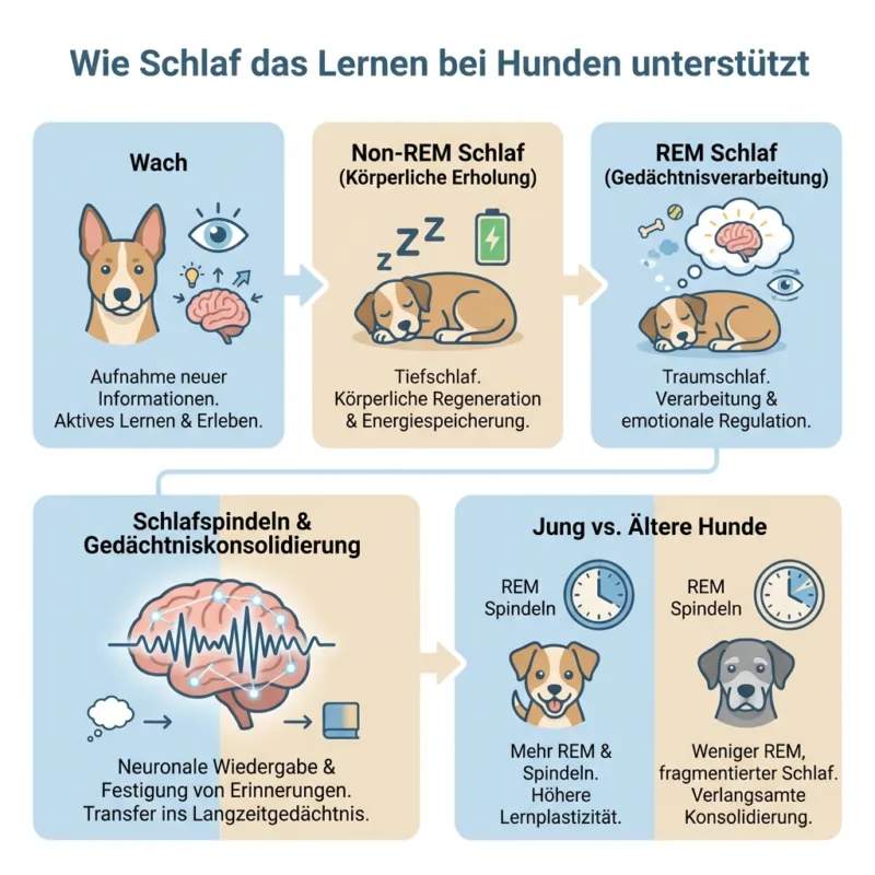 Infografik zur Schlaf Lernen Hund Studie – Darstellung von Non-REM, REM und Gedächtniskonsolidierung