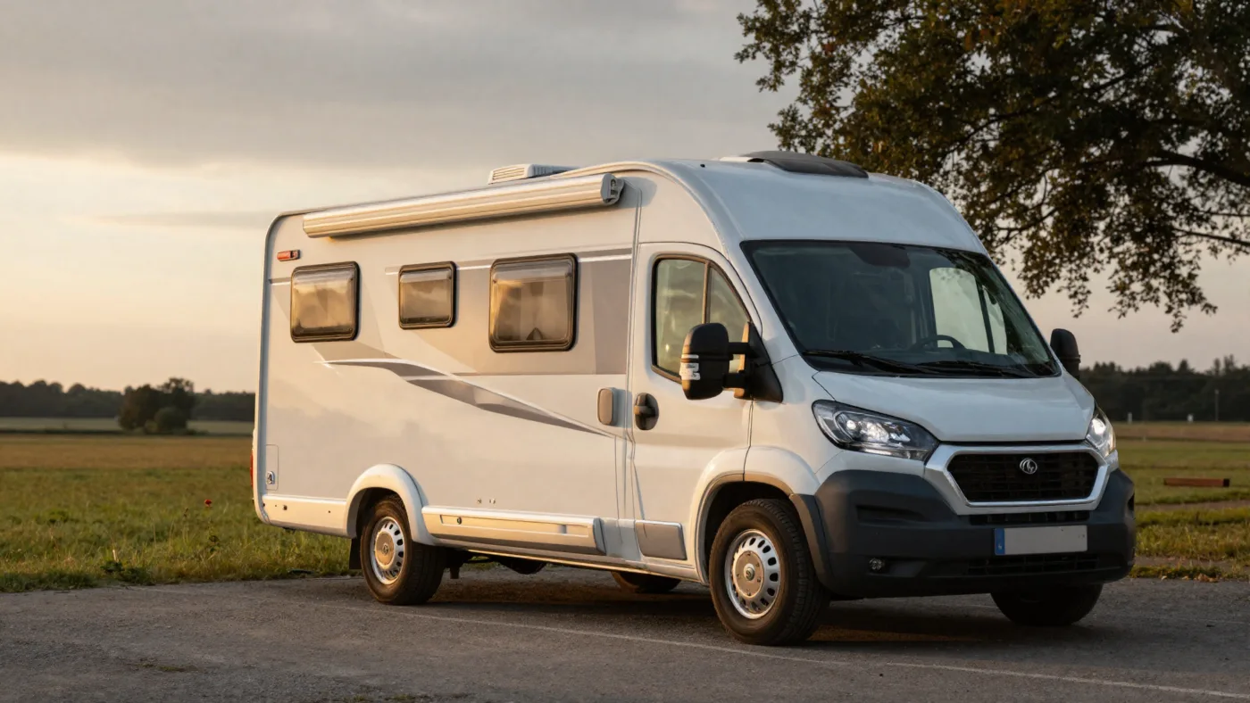 Wohnmobil bei Sonnenuntergang auf einem Campingplatz