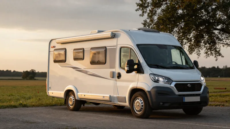 Wohnmobil bei Sonnenuntergang auf einem Campingplatz