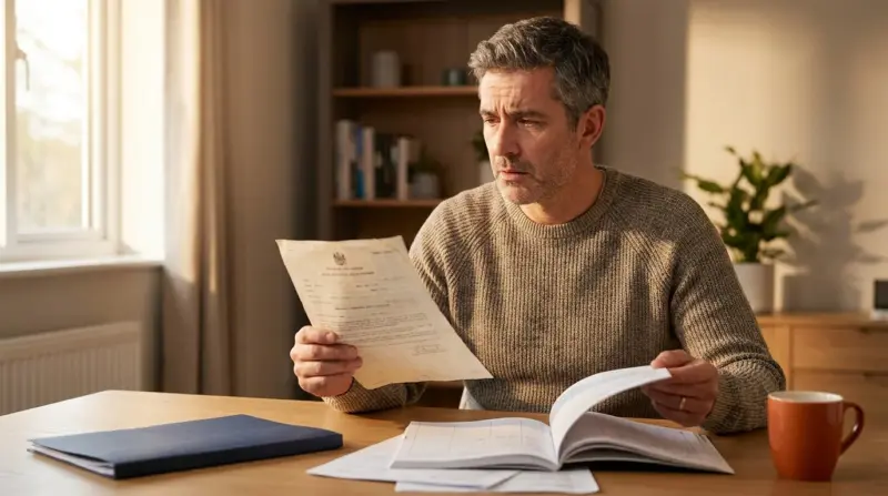 Selbstständiger Mann am Schreibtisch mit abgelehntem Fahrtenbuch und Schreiben vom Finanzamt