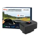 PAJ Blitzer- und Gefahrenwarner: schwarzes OBD2-Gerät neben der Produktverpackung mit Fahrszene, warnt vor Blitzern ganz ohne Smartphone
