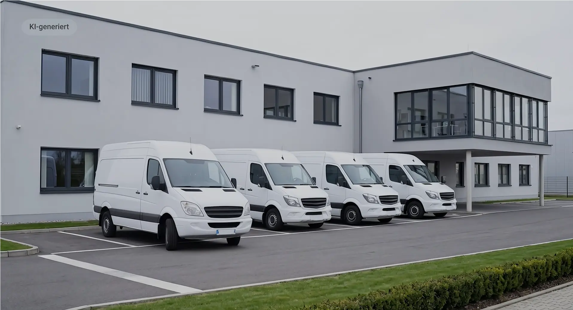 Vier weiße Transporter eines Fuhrparks stehen vor einem Firmengebäude