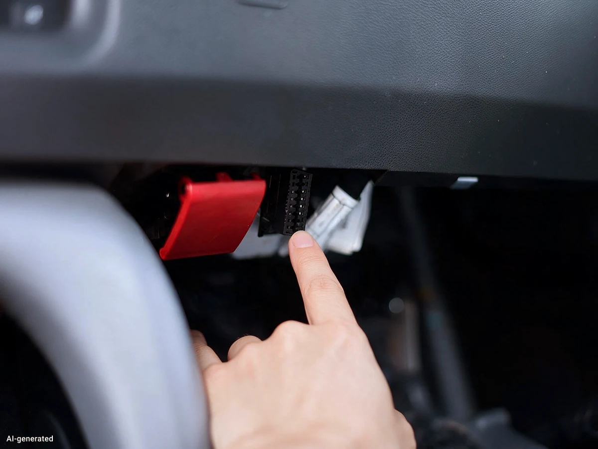 Finger zeigt auf die OBD-Buchse im Fußraum eines Firmenwagens