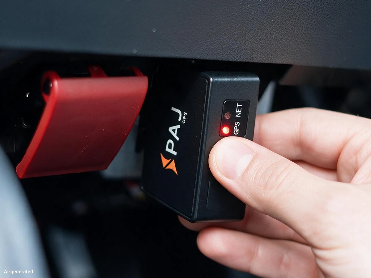 Hand steckt den PAJ OBD-Tracker in die OBD-Buchse, GPS-LED leuchtet