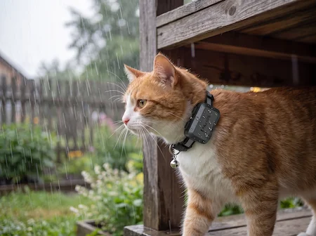 Orange-weiße Katze mit PAJ CAT Finder am Halsband