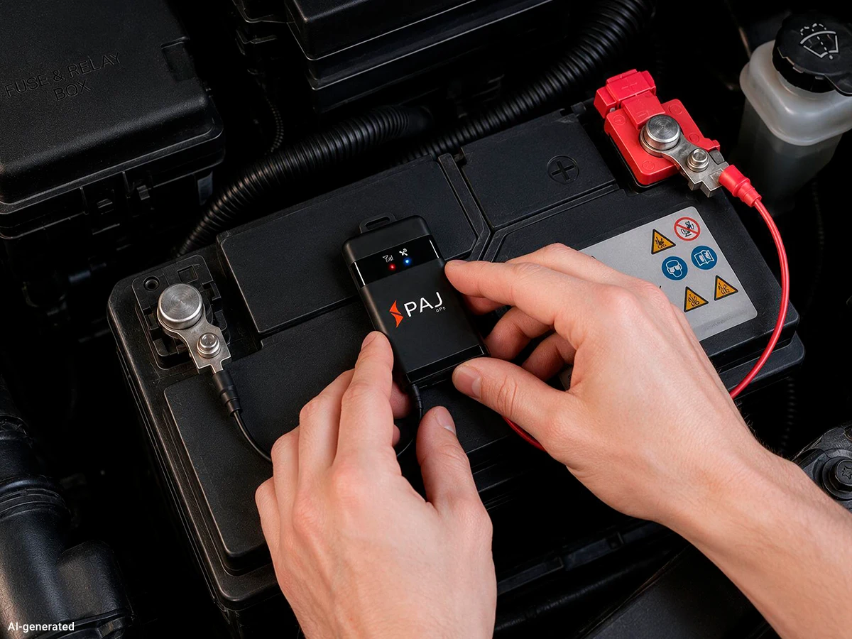 Zwei Hände setzen den PAJ Vehicle Finder auf die Fahrzeugbatterie im Motorraum an