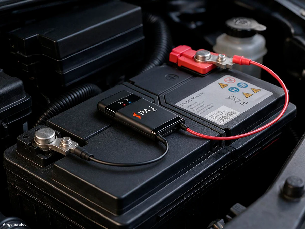 Zweileiter-Anschluss des PAJ Vehicle Finder an Plus- und Minuspol der Fahrzeugbatterie