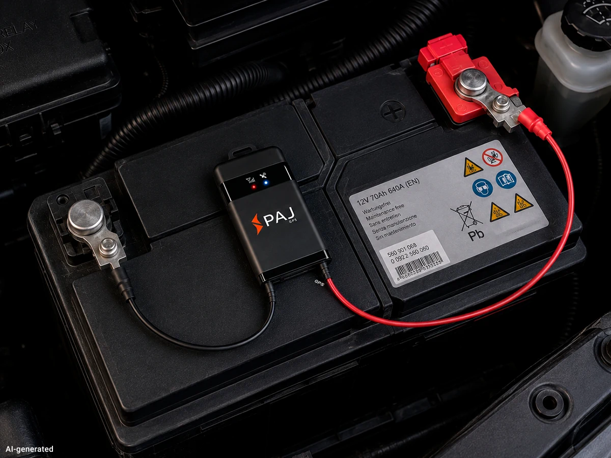 PAJ Vehicle Finder fertig auf der Fahrzeugbatterie verbaut, Kabel verlegt, Status-LEDs leuchten