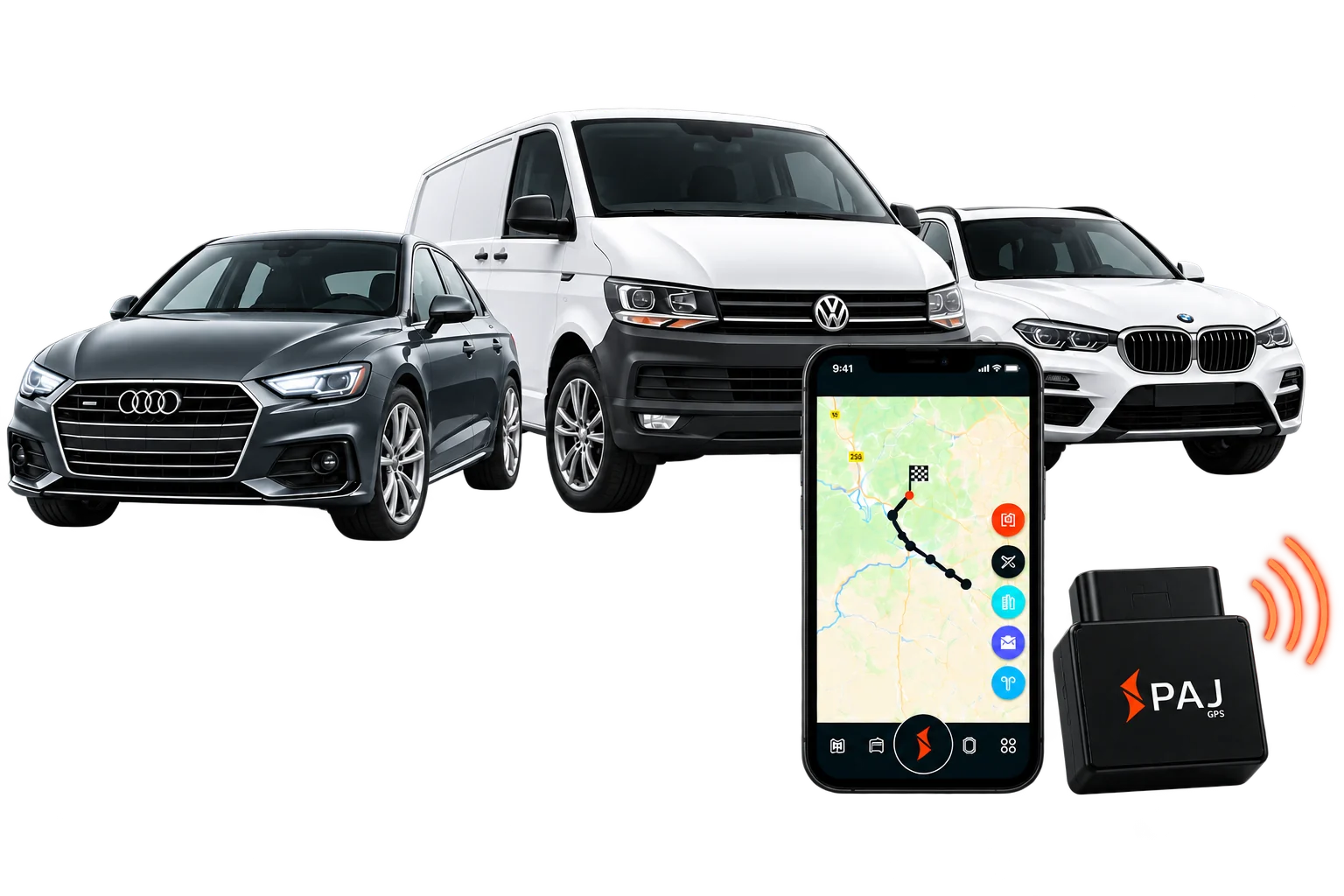 Firmenwagen, Transporter und SUV mit PAJ GPS Tracker und FINDER Portal auf dem Smartphone