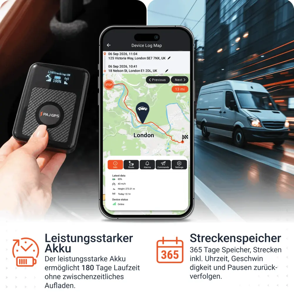 Lange Akkulaufzeit & Streckenspeicher: POWER Finder 4G 2.0 PAJ GPS Tracker